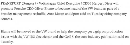 大众集团管理层改组，保时捷首席执行官Oliver Blume调任大众汽车品牌董事 