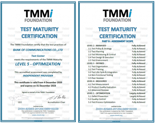 交行获软件测试成熟度模型集成（TMMi）五级水平认证